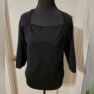 Pow Wow Black Square Neck Top With Bead Out Line Size L